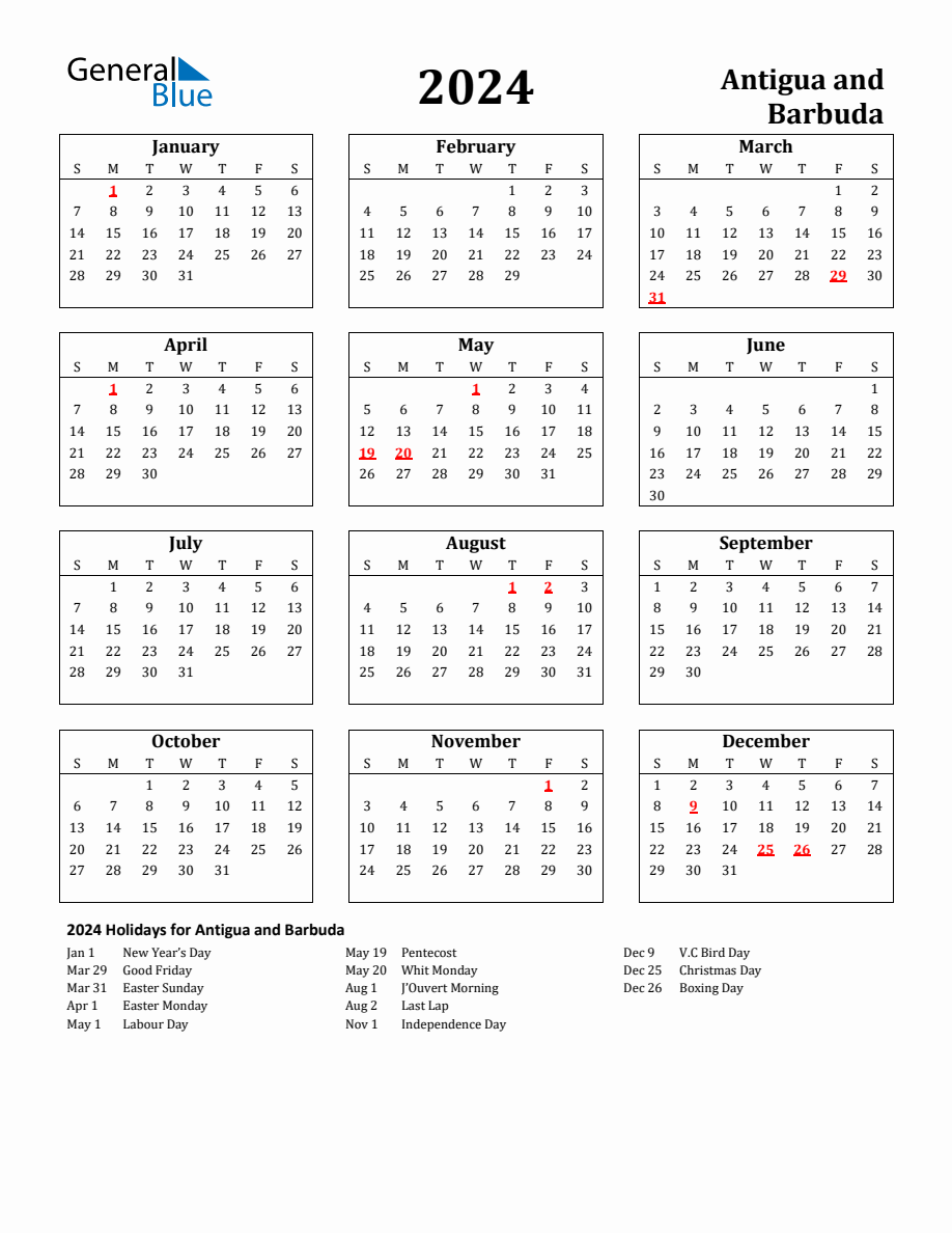 Free Printable 2024 Antigua and Barbuda Holiday Calendar