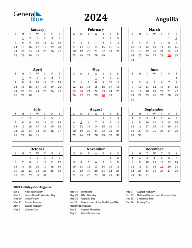 2024 Anguilla Holiday Calendar - Sunday Start