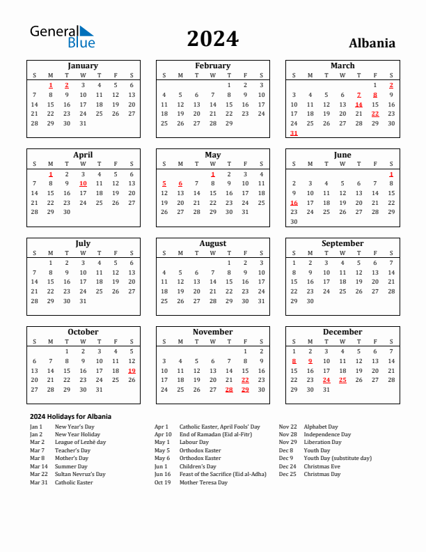 2024 Albania Holiday Calendar - Sunday Start