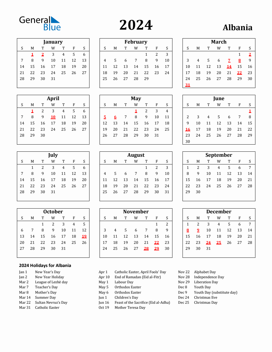 Free Printable 2024 Albania Holiday Calendar