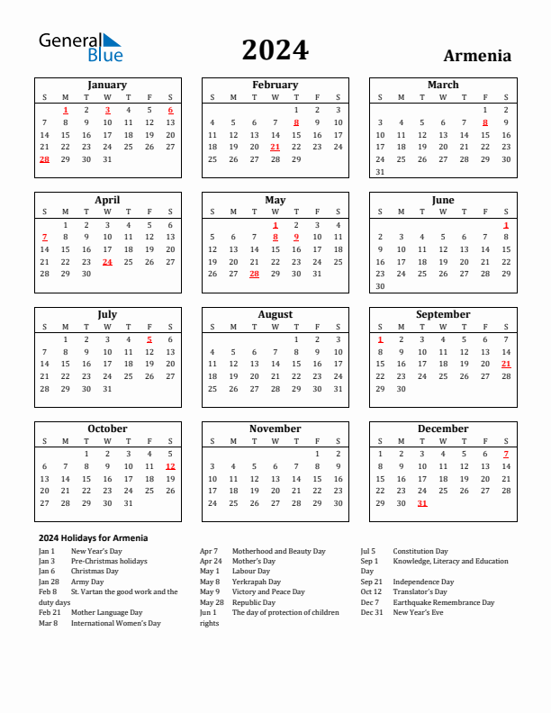 2024 Armenia Holiday Calendar - Sunday Start