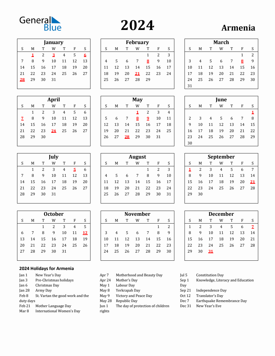 Free Printable 2024 Armenia Holiday Calendar