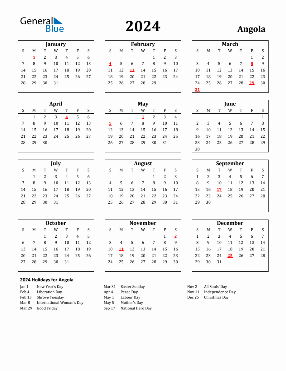 Free Printable 2024 Angola Holiday Calendar