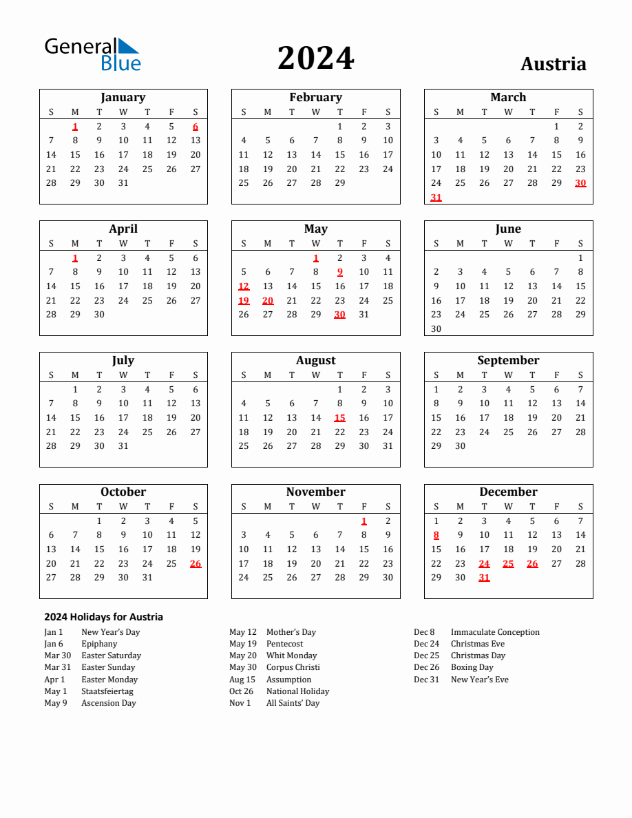 Free Printable 2024 Austria Holiday Calendar