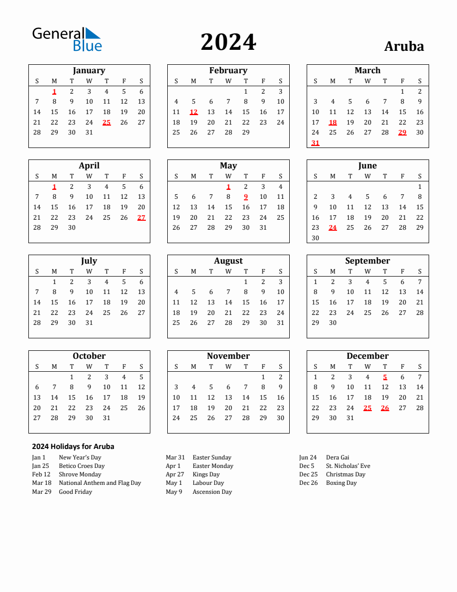 Free Printable 2024 Aruba Holiday Calendar