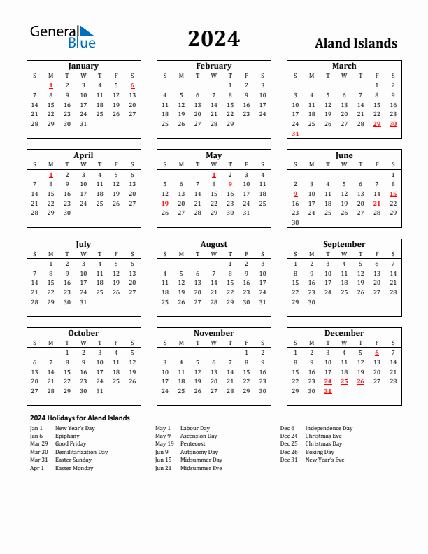 2024 Aland Islands Holiday Calendar - Sunday Start