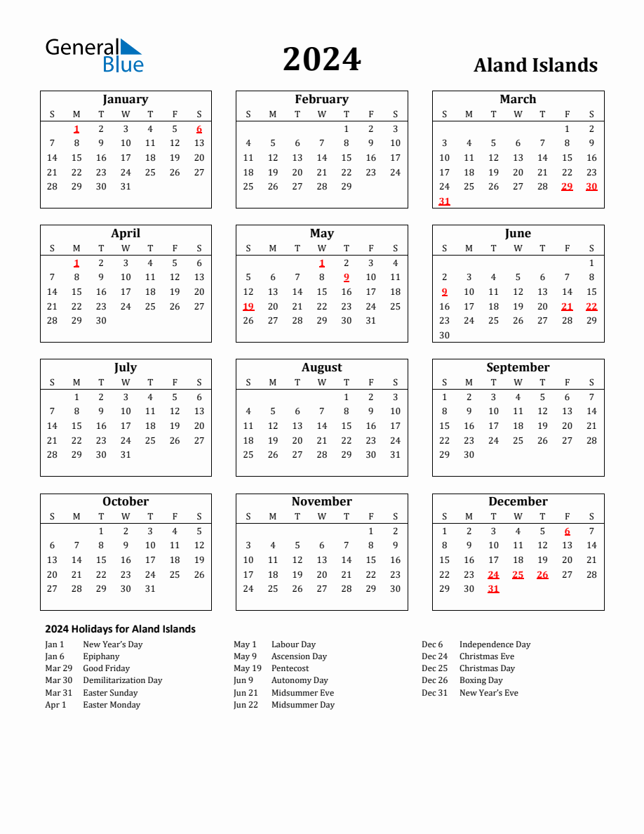 Free Printable 2024 Aland Islands Holiday Calendar