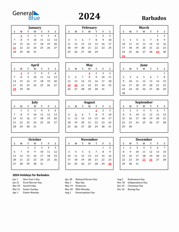 2024 Barbados Holiday Calendar - Sunday Start