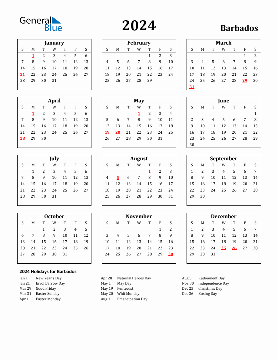 Free Printable 2024 Barbados Holiday Calendar