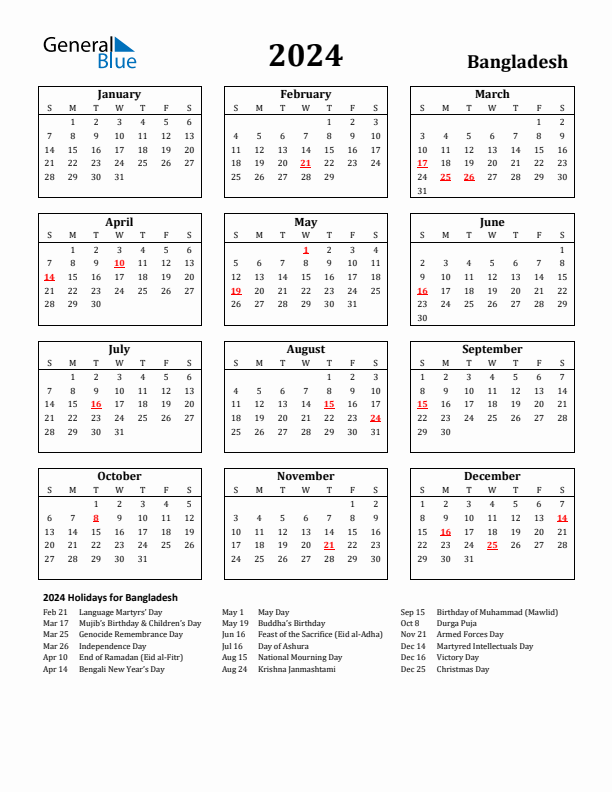 2024 Bangladesh Holiday Calendar - Sunday Start