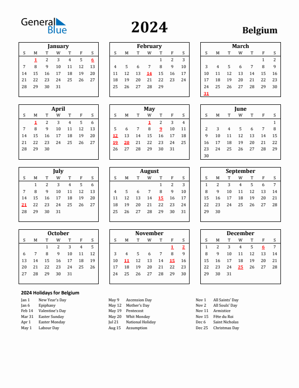 2024 Belgium Holiday Calendar - Sunday Start