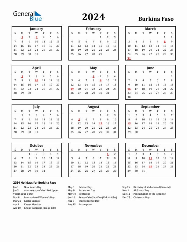 2024 Burkina Faso Holiday Calendar - Sunday Start