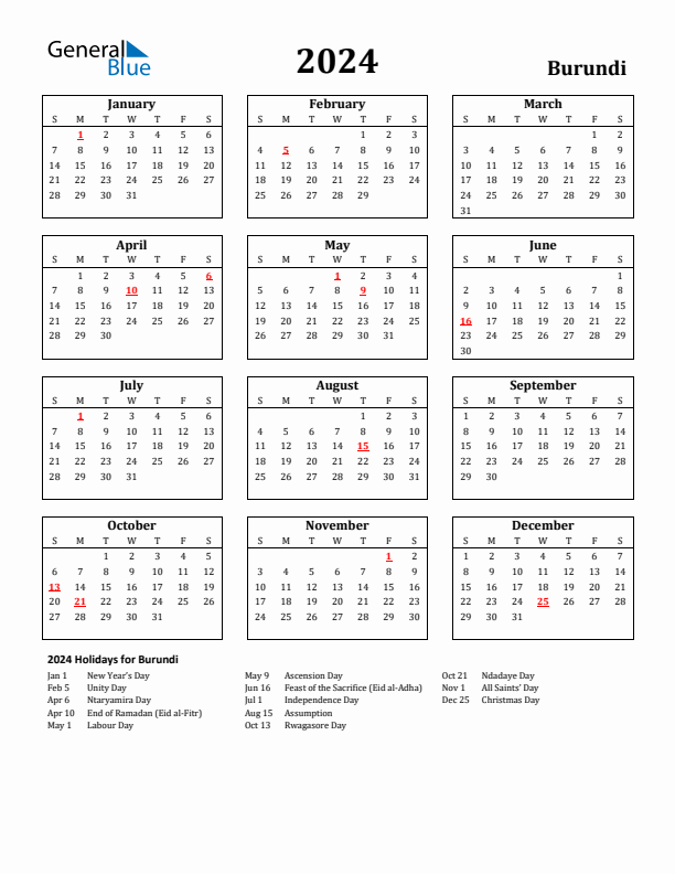 2024 Burundi Holiday Calendar - Sunday Start