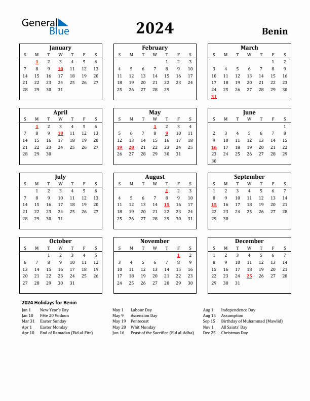 2024 Benin Holiday Calendar - Sunday Start