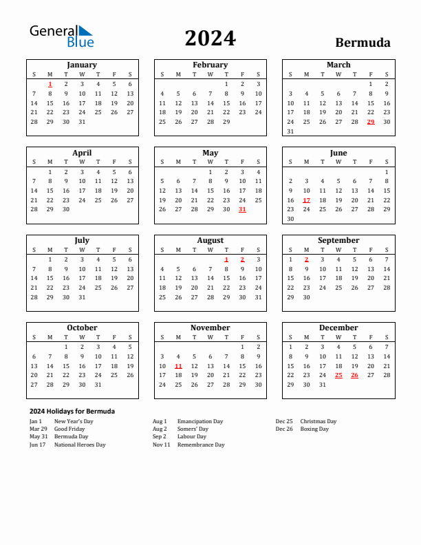 2024 Bermuda Holiday Calendar - Sunday Start