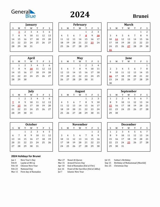 2024 Brunei Holiday Calendar - Sunday Start