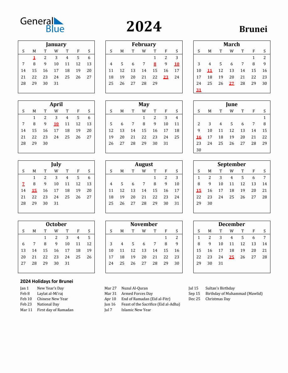 Free Printable 2024 Brunei Holiday Calendar
