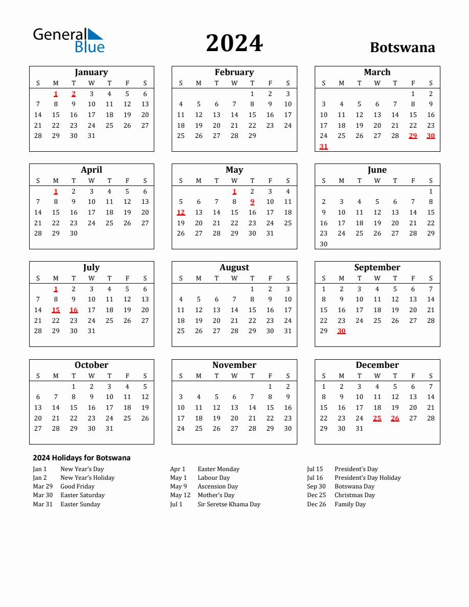 Free Printable 2024 Botswana Holiday Calendar