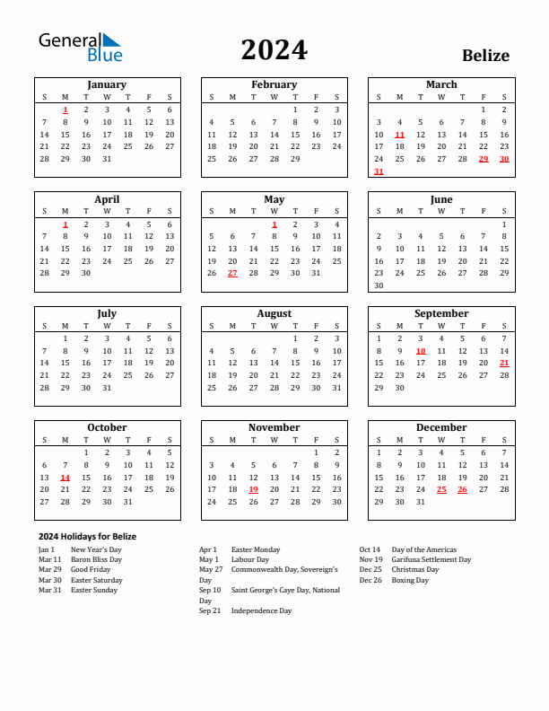 2024 Belize Holiday Calendar - Sunday Start