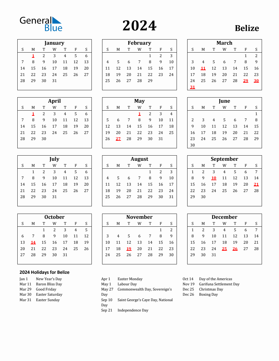 Free Printable 2024 Belize Holiday Calendar