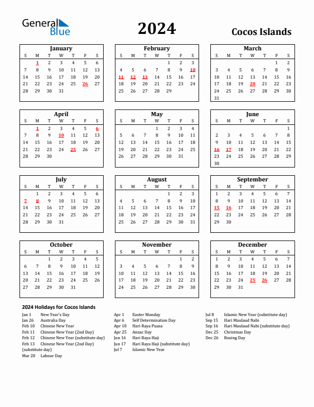 2024 Cocos Islands Holiday Calendar - Sunday Start