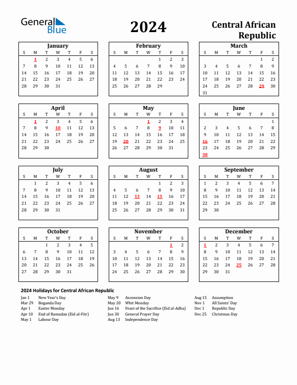 2024 Central African Republic Holiday Calendar - Sunday Start