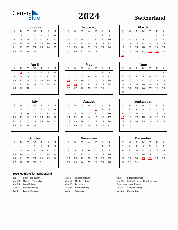 2024 Switzerland Holiday Calendar - Sunday Start