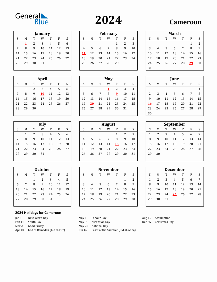 Free Printable 2024 Cameroon Holiday Calendar