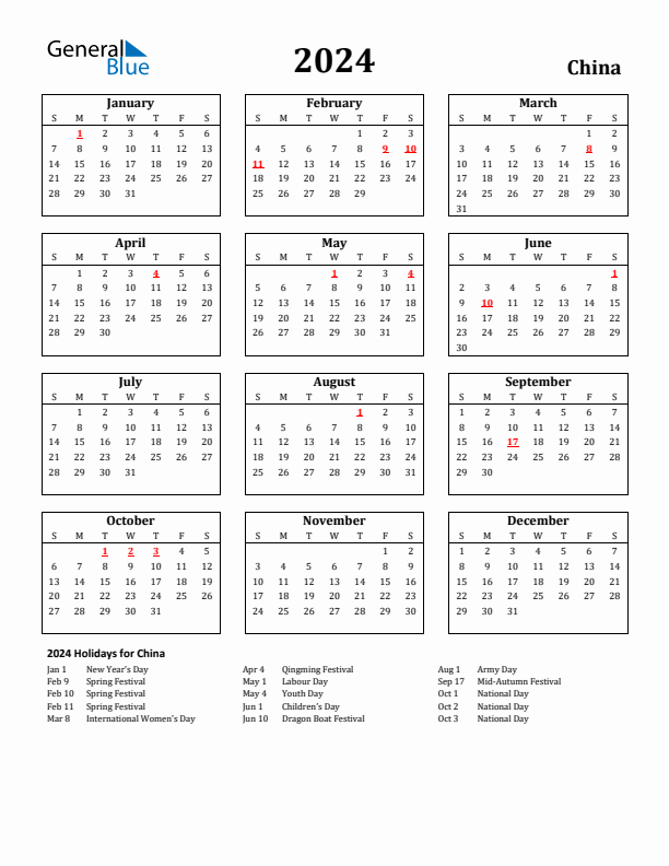 2024 China Holiday Calendar - Sunday Start