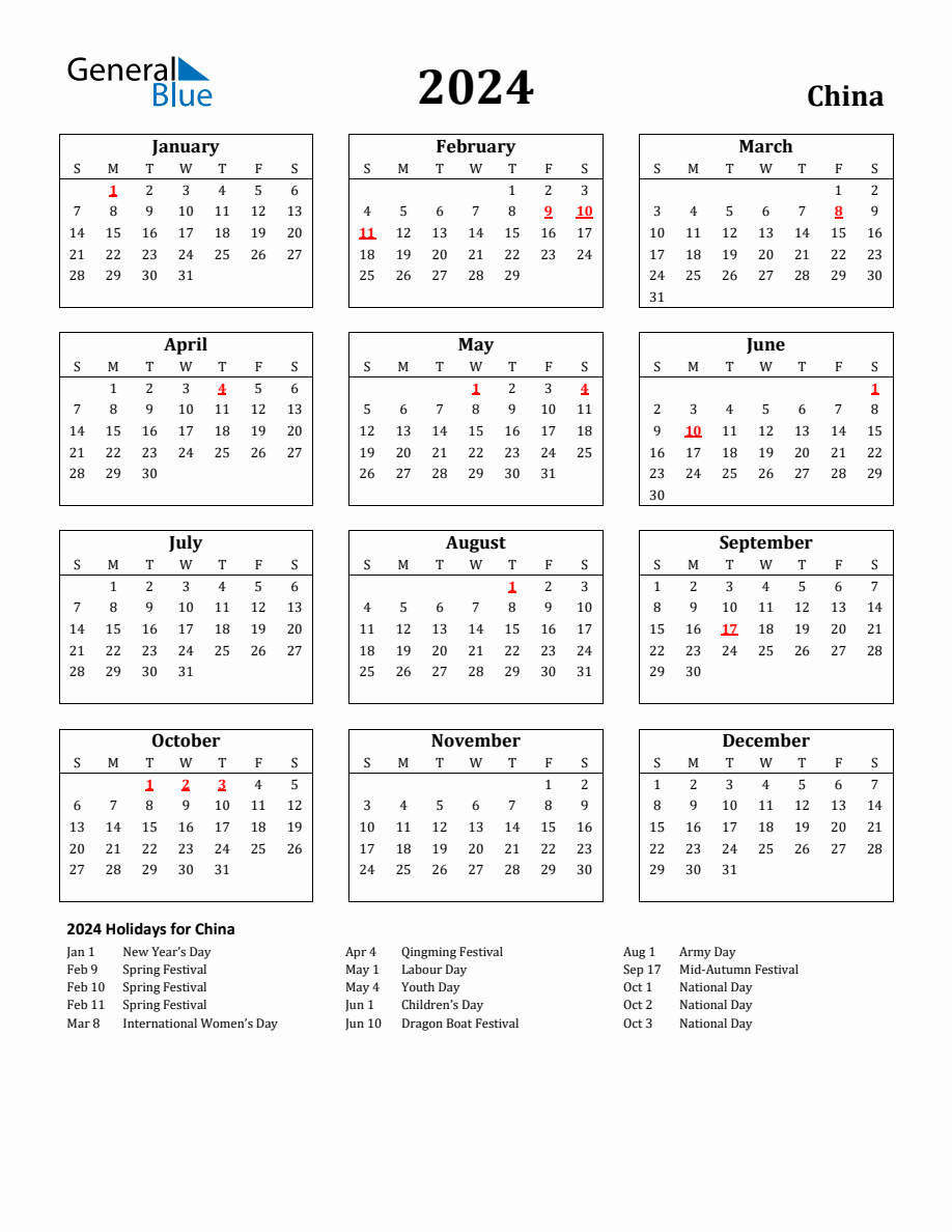 Free Printable 2024 China Holiday Calendar