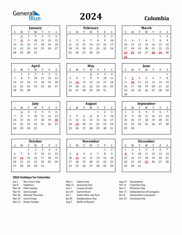 2024 Colombia Holiday Calendar - Sunday Start