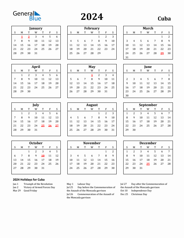 2024 Cuba Holiday Calendar - Sunday Start