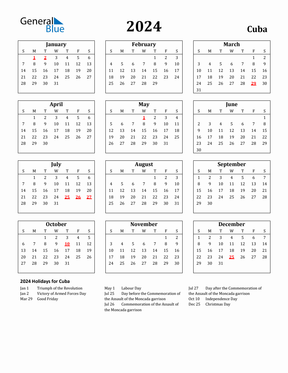 Free Printable 2024 Cuba Holiday Calendar