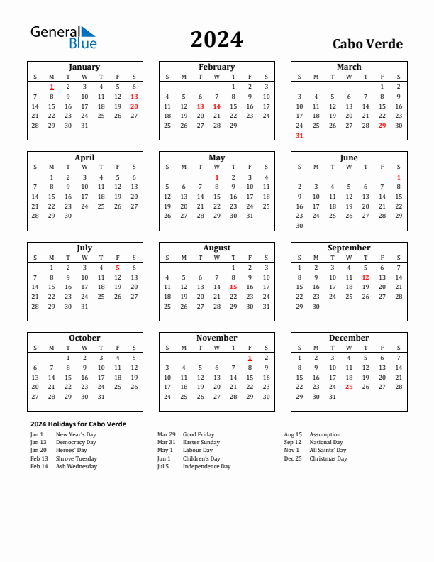2024 Cabo Verde Holiday Calendar - Sunday Start
