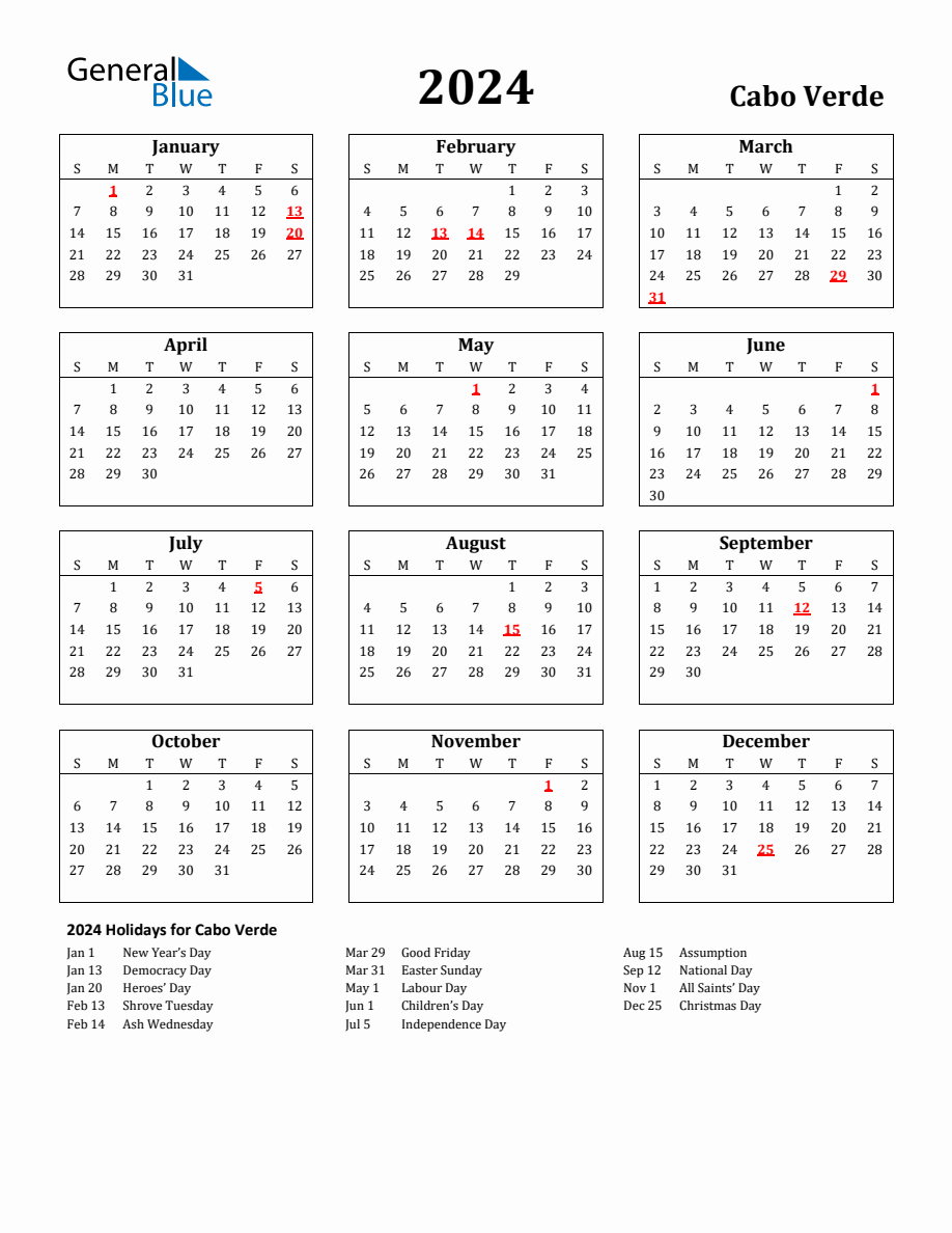 Free Printable 2024 Cabo Verde Holiday Calendar