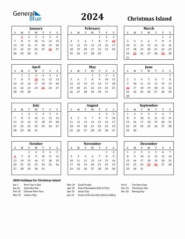 2024 Christmas Island Holiday Calendar - Sunday Start