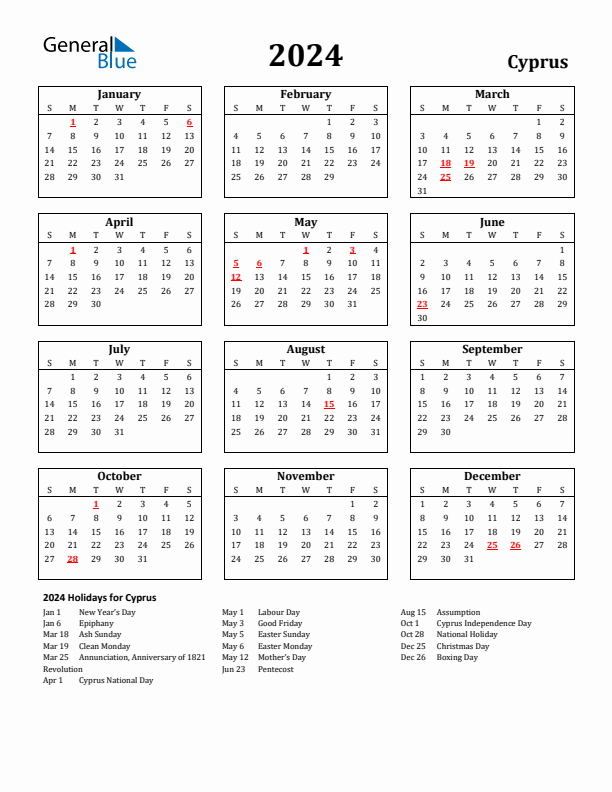 2024 Cyprus Holiday Calendar - Sunday Start