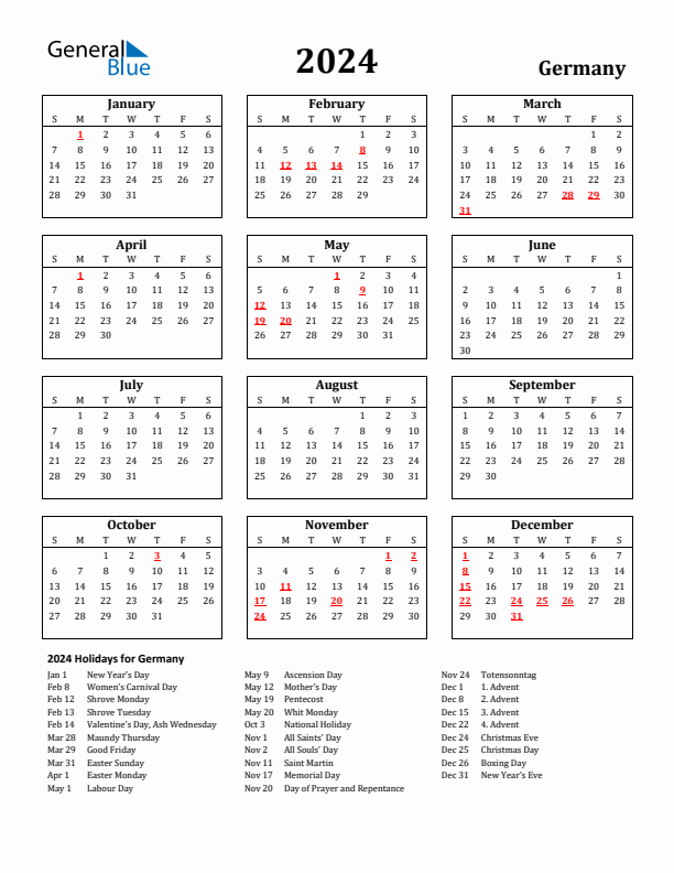 2024 Germany Holiday Calendar - Sunday Start