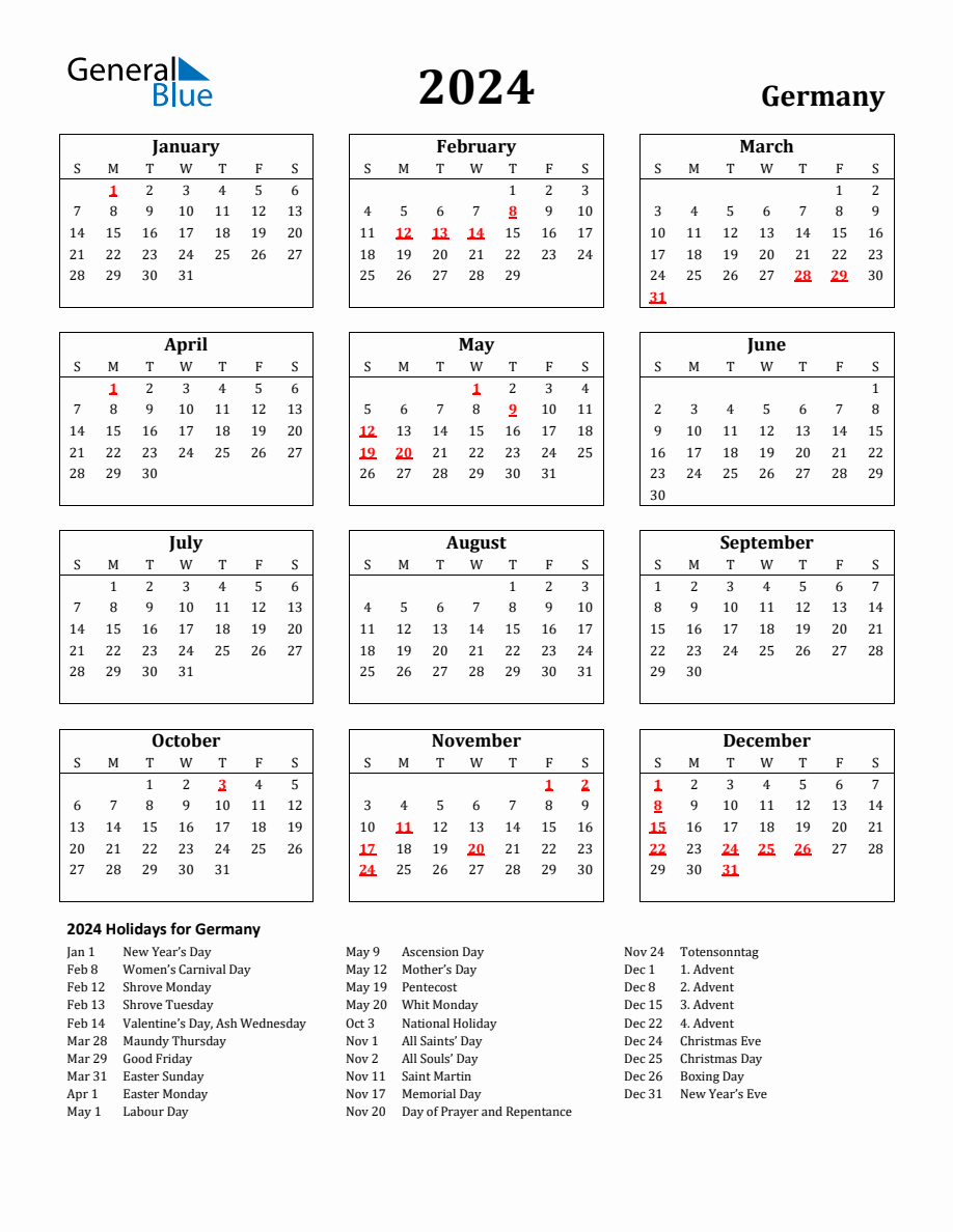 Free Printable 2024 Germany Holiday Calendar