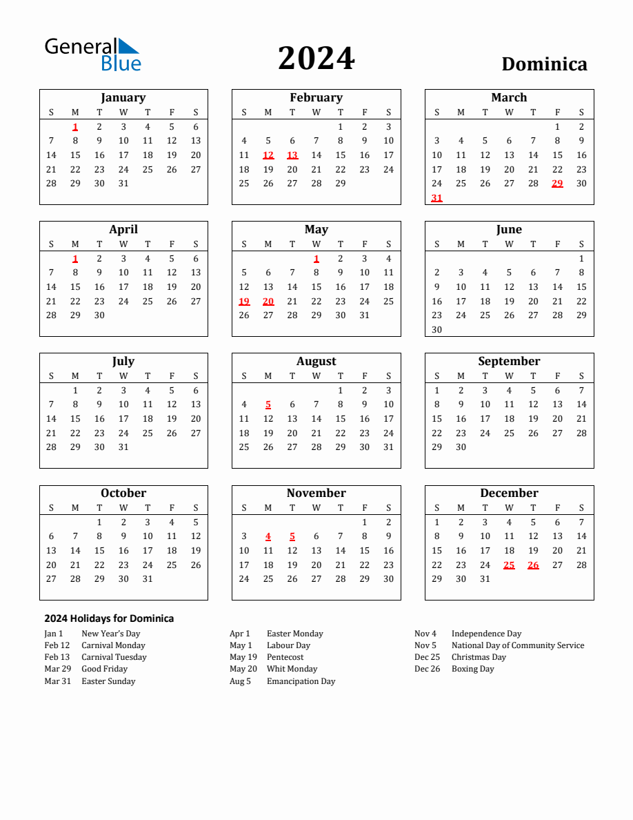 Free Printable 2024 Dominica Holiday Calendar