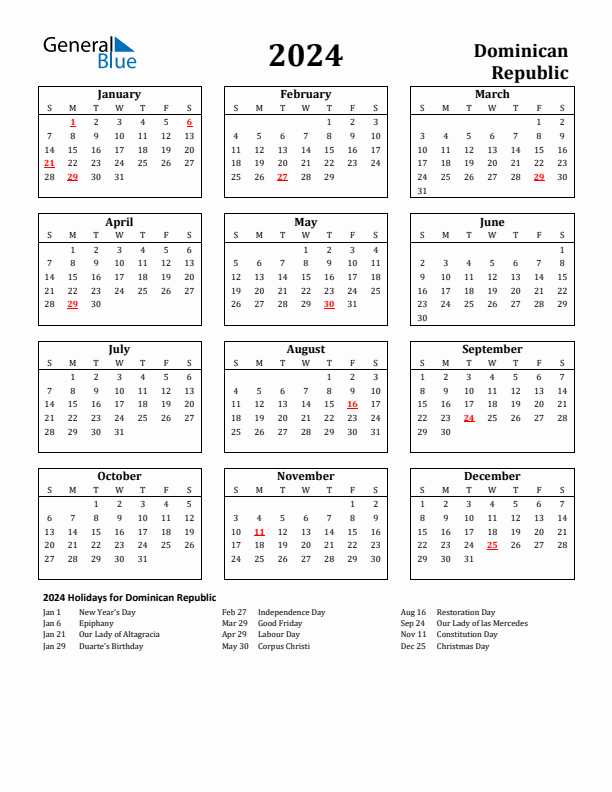 2024 Dominican Republic Holiday Calendar - Sunday Start
