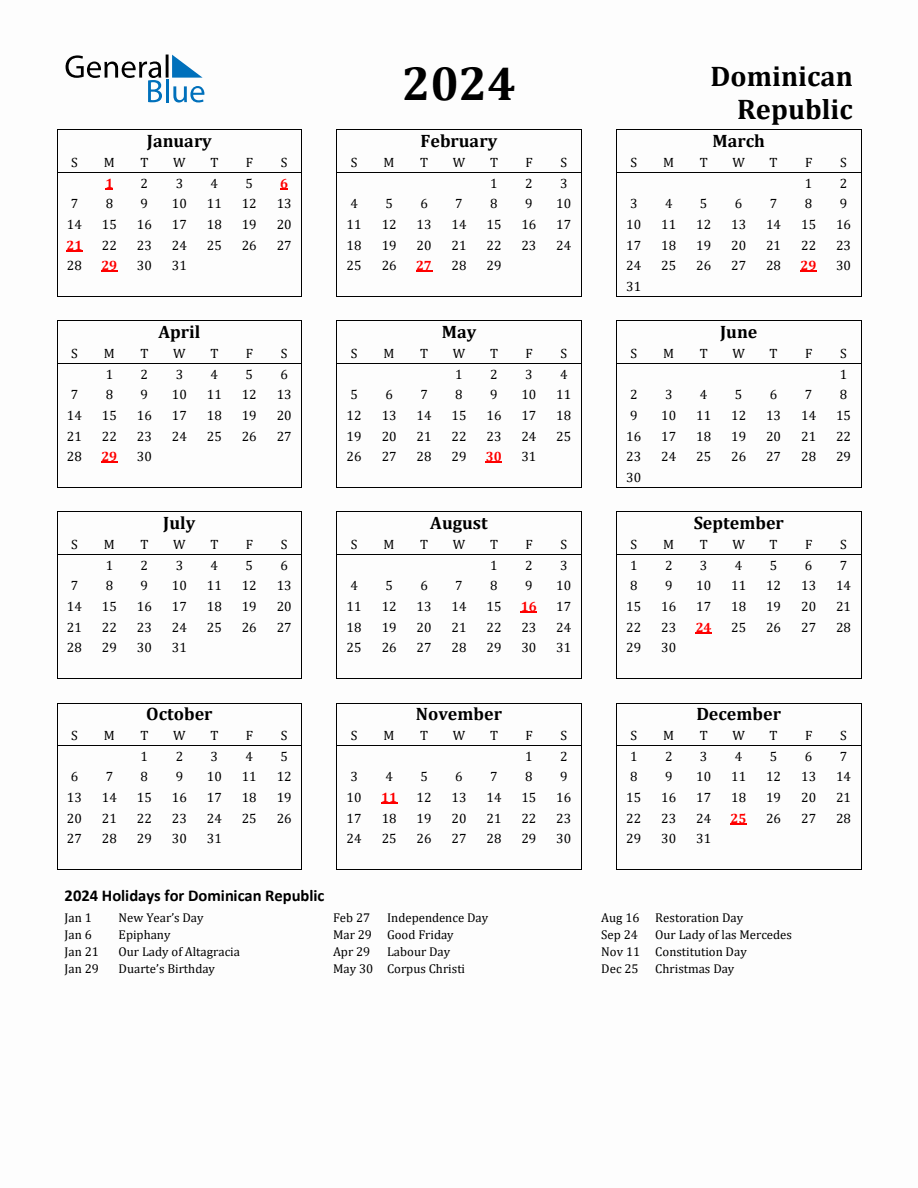 Free Printable 2024 Dominican Republic Holiday Calendar