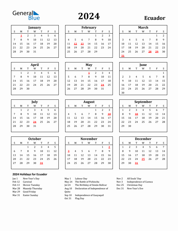 2024 Ecuador Holiday Calendar - Sunday Start