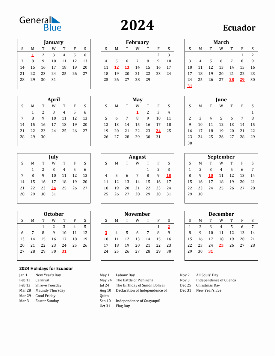 Free Printable 2024 Ecuador Holiday Calendar