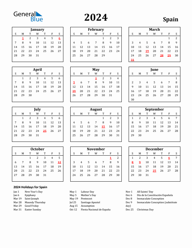 2024 Spain Holiday Calendar - Sunday Start