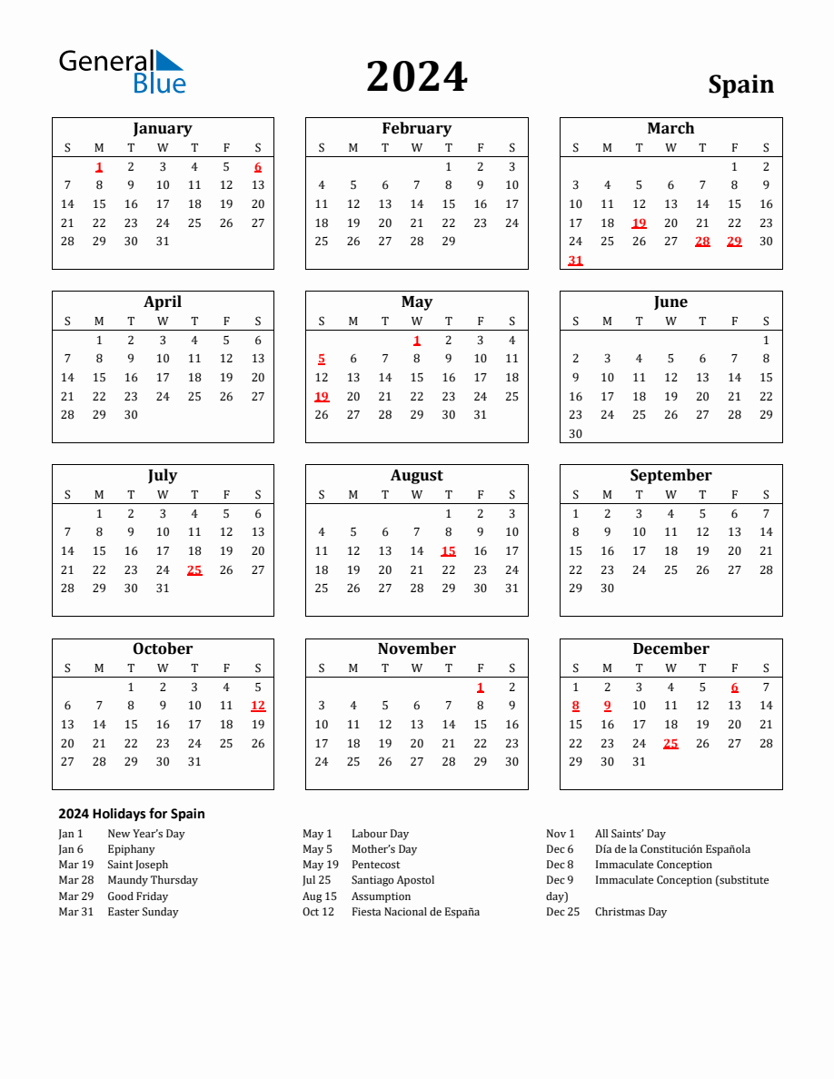 Free Printable 2025 Spain Holiday Calendar