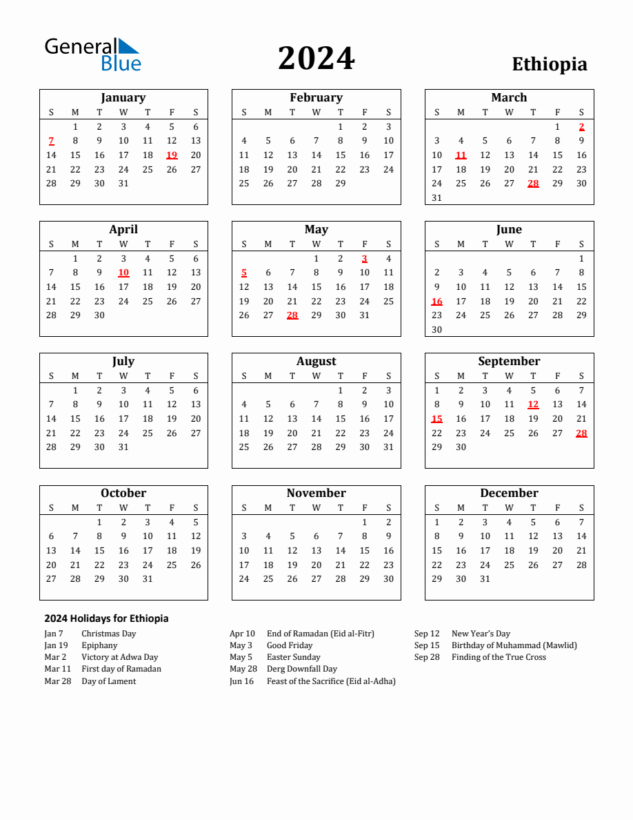Free Printable 2024 Ethiopia Holiday Calendar