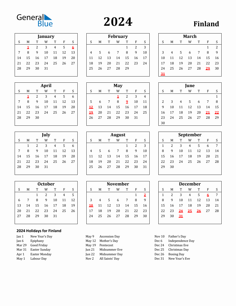 Free Printable 2024 Finland Holiday Calendar