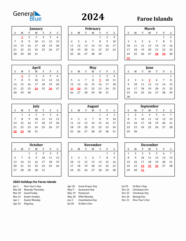 Free Printable 2024 Faroe Islands Holiday Calendar
