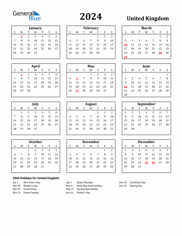 2024 United Kingdom Holiday Calendar - Sunday Start